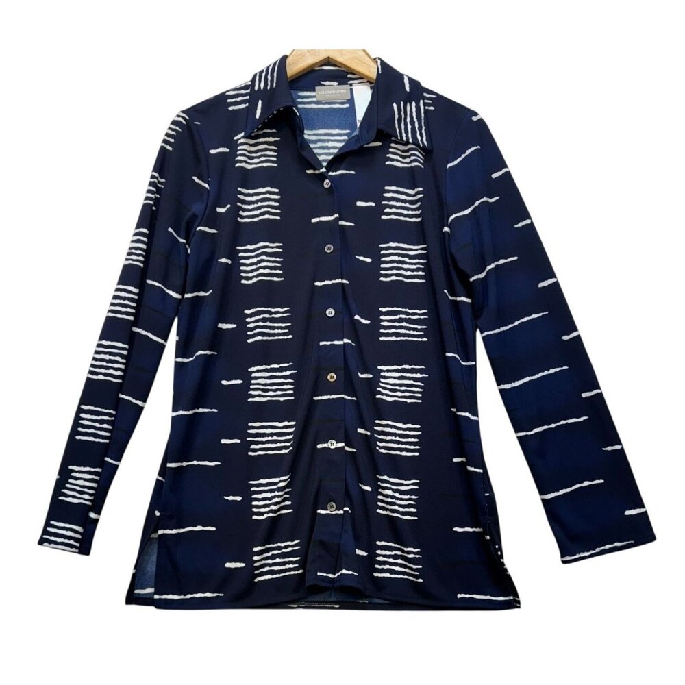 Liz Claiborne Collection Button-Up Long Sleeve Shirt Blouse Small Navy & White P
